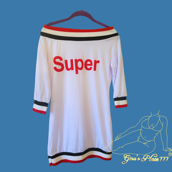 NWOT Juniors Y2k "Super" Graphic Lettering Off The Shoulder Mini Dress White M - Picture 2 of 8